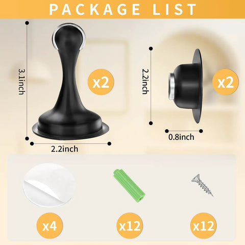 Heavy Hitter Magnetic Door Stops 2 Pack Holds Like A Dream Wall And Floor Protector No Drill Needed Keeps Doors Propped Wide Open Sleek Finish For Bedrooms And Living Rooms Black package contents showing dimensions