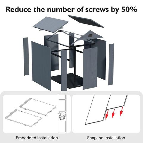 Image of 4x6 Ft Resin Outdoor Storage Shed components with embedded and snap-on installation options.