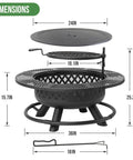 Diagram showing dimensions of 36 Inch Round Metal Fire Pit With Grill For Outdoor Yards And Patios 3 In 1 Wood Burning Fire Pit Table.