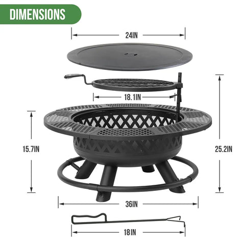 Diagram showing dimensions of 36 Inch Round Metal Fire Pit With Grill For Outdoor Yards And Patios 3 In 1 Wood Burning Fire Pit Table.