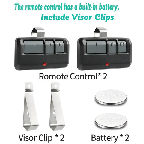 Universal Garage Door Opener Remote For 1993 To Present Compatible With Chamberlain And Craftsman Openers Includes Two Visor Clips 2 Pack Replacement For 893MAX 893LM 971LM 373LM with accessories.