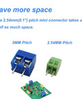 Must Have Breadboard Friendly 2.54mm 0.1 Inch Pitch Mini PCB Mount Screw Terminal Block Connector Set With 2P 3P 4P 5P 6P 8P Options for Compact Arduino and Home Electronics Projects 150V 6A Compatible with 26 18 AWG Cable, featuring side view of connectors and circuit board