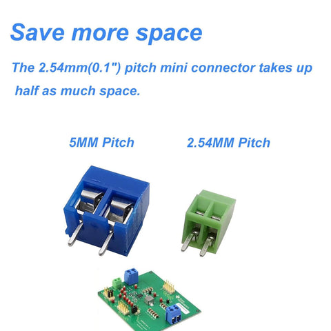 Must Have Breadboard Friendly 2.54mm 0.1 Inch Pitch Mini PCB Mount Screw Terminal Block Connector Set With 2P 3P 4P 5P 6P 8P Options for Compact Arduino and Home Electronics Projects 150V 6A Compatible with 26 18 AWG Cable, featuring side view of connectors and circuit board