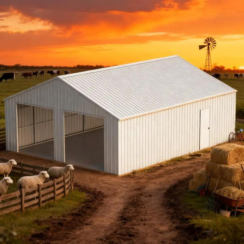 Tough As Nails Heavy Gauge Metal Garage Barn Shed With Reinforced Steel Frame For Rv Pickup Truck Atvs Boat Lawn Mower Garden Tools And Backyard Storage Setup in sunset
