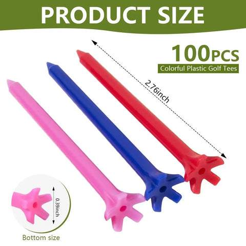 Assorted Color Plastic Golf Tees 100 Count, 2.8 Inch Length, durable colorful tees in pink, blue, red with product size details