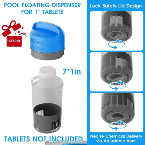All In One 18 Inch Pool Cleaning Kit With Repairable Net And 18 Inch Round Brush 11 Inch Ultra Fine Mesh Skimmer Chlorine Floater And Handy Scrubber For Easy Debris Cleanup chlorine floater for 1-inch tablets, 7x11 in, lock safety lid