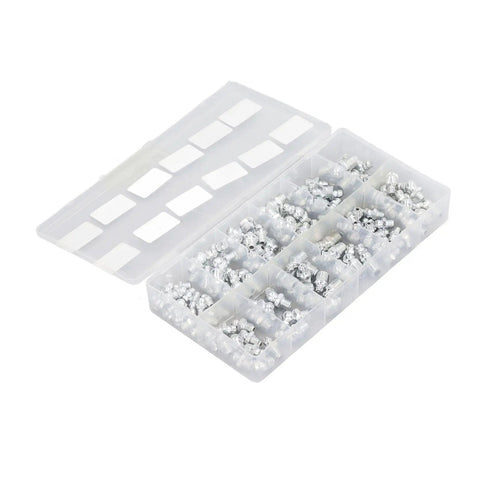 Top Grade Hydraulic Grease Fitting Assortment Kit 130 Pcs 12 Types Rustproof Zerk Fittings For Car And Machinery Maintenance Making Greasing Tasks Fast And Efficient For Mechanics And DIY Guys At Home Or Garage Using Solid Tools That Hold Up Well. 130-piece plastic organizer box with zinc grease fittings