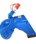 Badass Slick Hydraulic Torque Wrench Featuring Smart Three Quarter Inch Square Drive and Rock Solid Swivel Fittings side view showing blue exterior and hose connection.