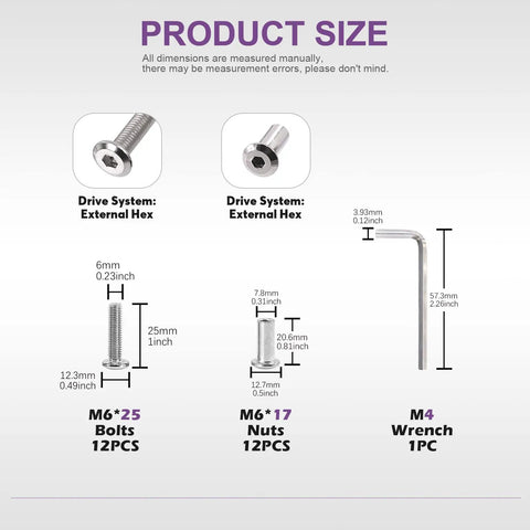 Product size chart for Heavy Duty M6x25mm Nickel Plated Silver Hex Drive Socket Cap Bolts And Barrel Nuts Assortment Kit.