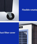 Portable Evaporative Swamp Cooler With Three Speed Fan And High Velocity Outdoor Cooling Pad To Crush Kickin Summer Heat And Provide Smooth Ninety Degree Oscillation Airflow Right Where You Are showing flexible wheel for easy mobility and dust filter cover.