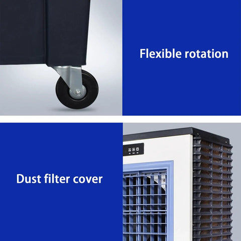 Portable Evaporative Swamp Cooler With Three Speed Fan And High Velocity Outdoor Cooling Pad To Crush Kickin Summer Heat And Provide Smooth Ninety Degree Oscillation Airflow Right Where You Are showing flexible wheel for easy mobility and dust filter cover.