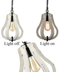 Vintage Wood Pendant Light With Distressed White Finish showing light on and off, metal and wood construction