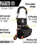 Tradesman Pro Tool Pouch with electrical tape thong, 9 pockets, shoulder strap, heavy duty reinforced bottom.
