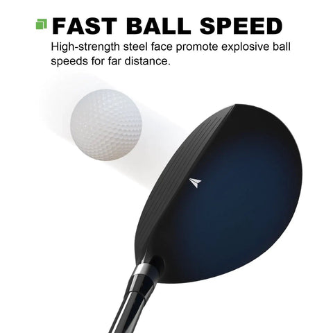 Top view of Rescue Hybrid Golf Club For Men 2 Through P Right Handed with fast ball speed, showing aerodynamic head in black.