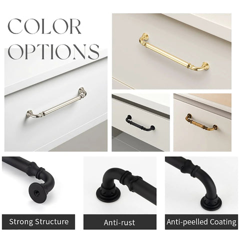 Arch Cabinet Handles in Champagne Bronze and Matte Black, European Style Arched Drawer Pulls shown on kitchen drawers and cabinetry.