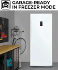 Hella Spacious 17 Cubic Foot Convertible Freezer And Refrigerator in garage-ready freezer mode, crisp white finish with LED display.