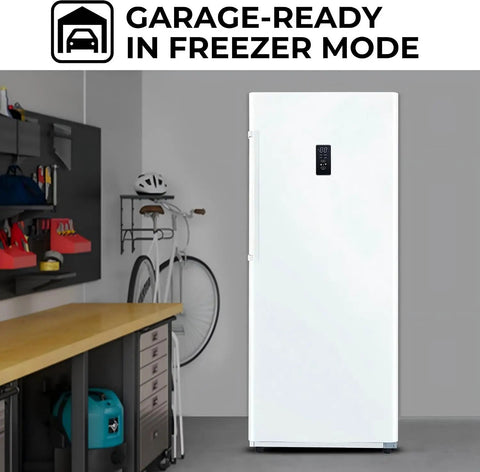 Hella Spacious 17 Cubic Foot Convertible Freezer And Refrigerator in garage-ready freezer mode, crisp white finish with LED display.