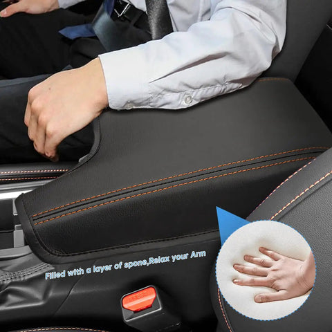 Subaru Crosstrek Center Console Armrest Cover Leather With Orange Stitches For 2018-2023 Crosstrek and Impreza installed in car