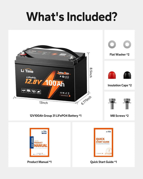 What's Included with 12V 100Ah LiFePO4 Marine Battery For Trolling Motors With Built In 100A BMS And Low Temp Protection