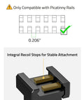 Rock Solid One Inch Low Profile Scope Rings For Standard Picatinny Rails With Locked Down Recoil Stop Precision Rifle Optic Mount Brackets Two Pack Range Ready diagram showing compatibility with Picatinny rails and recoil stop detail.