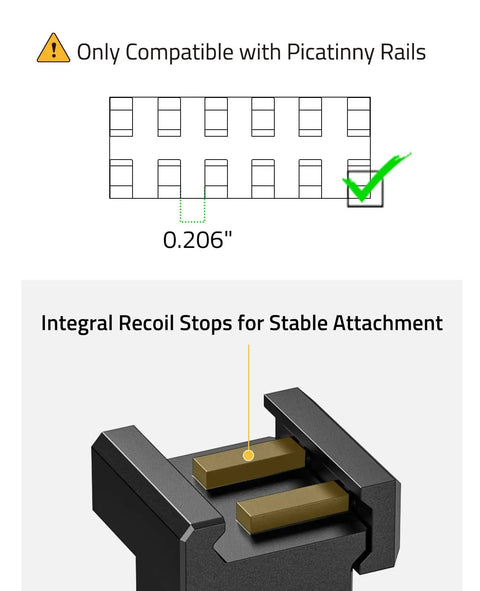 Rock Solid One Inch Low Profile Scope Rings For Standard Picatinny Rails With Locked Down Recoil Stop Precision Rifle Optic Mount Brackets Two Pack Range Ready diagram showing compatibility with Picatinny rails and recoil stop detail.