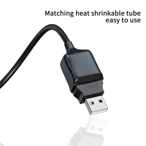Close-up of Solderless USB Two Point Zero Connectors DIY Adapter Kit With Plug And Play Screw Terminal Block For USB Cable Type A Converter Pluggable Repair Kit Includes Male And Female Ends For Easy Cable Extension And Quick Fixes showing USB cable with heat shrinkable tube.