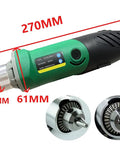 Beefy 480W Rotary Tool Kit With Six Speed Settings Up To 32000 RPM showing 270mm length, details of chuck size options 0.6-6.5mm.