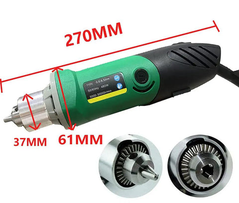 Beefy 480W Rotary Tool Kit With Six Speed Settings Up To 32000 RPM showing 270mm length, details of chuck size options 0.6-6.5mm.