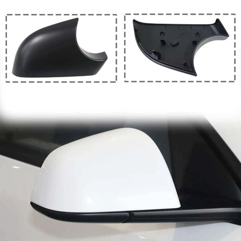 One Pair Premium Abs Side View Mirror Covers For Tesla Model Y showing black ABS shell and underside detail.