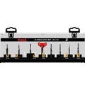 Killer 12 Piece CNC Router Bit Set Featuring Sharp Carbide Tips For Woodworking with bits displayed in a clear case.