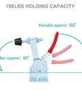 Six Pack Heavy Duty Horizontal Toggle Clamps With Quick Release Swivel And Cushioned Rubber Pads Delivering A Deadset One Hundred Ninety Eight Pound Lockup On Woodworking Jigs Welding Frames And Drill Press Vises For Any Weekend Warrior Project; side view showing clamp with 198 lbs capacity.