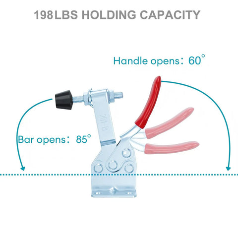 Six Pack Heavy Duty Horizontal Toggle Clamps With Quick Release Swivel And Cushioned Rubber Pads Delivering A Deadset One Hundred Ninety Eight Pound Lockup On Woodworking Jigs Welding Frames And Drill Press Vises For Any Weekend Warrior Project; side view showing clamp with 198 lbs capacity.