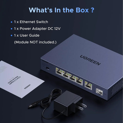 Six Port 2.5Gb Ethernet Switch With Five 2.5Gb Ports And One 10Gb SFP Plus Port, Unmanaged Metal Desktop Switch with accessories