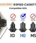 Nine Speed Bike Cassette 11-32T to 11-50T Set side view compatible with HG hub