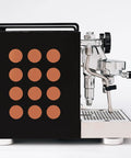 Professional Grade Kickass Heat Exchange Espresso Machine With Longer Steam Wand And Deep Drip Tray Upgraded Glow Interface For Smooth Daily Pulls Black Copper Edition side view with copper dots