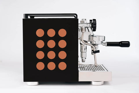 Professional Grade Kickass Heat Exchange Espresso Machine With Longer Steam Wand And Deep Drip Tray Upgraded Glow Interface For Smooth Daily Pulls Black Copper Edition side view with copper dots
