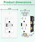 20 Amp GFCI Outlet With USB C And USB A Ports Self Test LED Indicator Residential And Commercial Grade Includes Wall Plate And Screws 2 Pack White Durable dimensions shown