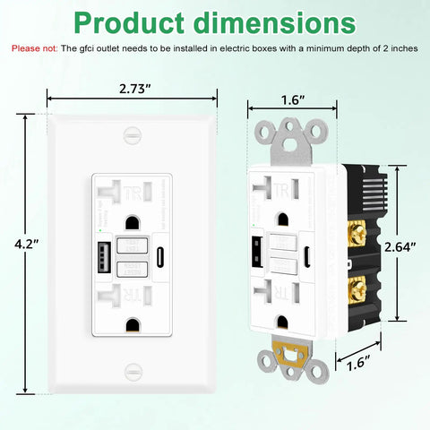 20 Amp GFCI Outlet With USB C And USB A Ports Self Test LED Indicator Residential And Commercial Grade Includes Wall Plate And Screws 2 Pack White Durable dimensions shown