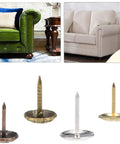 Premium Antique Brass Upholstery Tacks 120 Pack Featuring 7 16 Inch Heads for sofa restoration displayed next to two sofas.