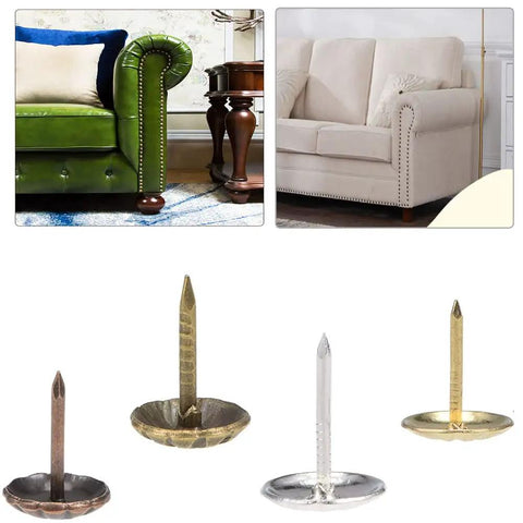 Premium Antique Brass Upholstery Tacks 120 Pack Featuring 7 16 Inch Heads for sofa restoration displayed next to two sofas.