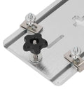 Close-up of Electric Jig Saw Flip Board With Aluminum Router Table Insert Plate showing hardware and center hole bushing.