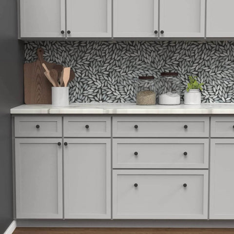 Round Matte Black Kitchen Cabinet Knobs 10 Pack Durable Drawer And Dresser Knobs for Cabinets and Bathroom Drawers One And One Eighth Inch Easy Install Slick Modern Hardware By Hickory Hardware installed on white cabinets