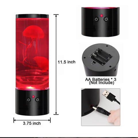 Jellyfish Lamp Liquid Table Lamp With Remote Control Color Changing Night Light showing dimensions and USB port details