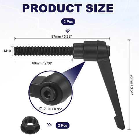 Pro Shop Grade Quick Release Lever Handles With No Sweat Adjustment M10X60MM Zinc Alloy Male Thread Stud knobs size details and measurements.