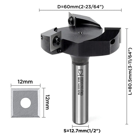 Beefy CNC Spoilboard Surfacing Router Bit With One Half Inch Shank Three Inch Cutting Diameter Fifteen Thirty Two Inch Cut Length Four Wing Carbide Insert Bit For Smooth Precise Woodworking Surfacing, showing dimensions and carbide inserts.