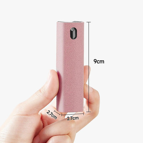 Touchscreen Mist Cleaner Kit With Spray And Wipe Pink Pocket Size Screen Cleaner shown in hand for size reference