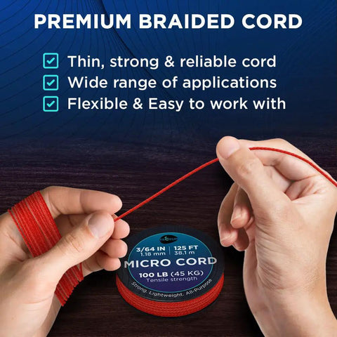 Hands holding Red Fire Tiny But Mighty Micro Paracord 1.18 mm by 125 ft spool, showcasing its lightweight nylon polyester material.