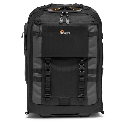 Front view of Pro Trekker RLX 450 AW II 28L Camera Roller Backpack With Conversion To Backpack Or Roller, black and grey design.