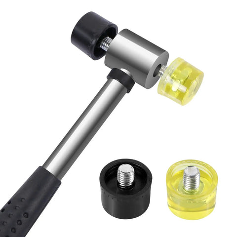 Interchangeable rubber mallet head with black and yellow caps, textured handle, part of Roll Pin Punch Set With Storage Pouch.