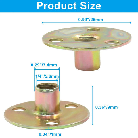 Size details of 16 Pack One Quarter Inch Twenty Brad Hole T Nuts With Round Base, Screw In Furniture Hardware, Carbon Steel, Galvanized Finish.